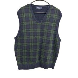 Austin Reed London Mens Plaid Wool Blend V Neck Sweater Vest Navy Green Sz L